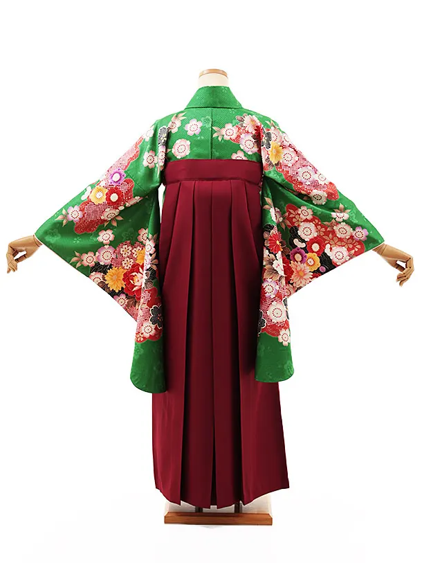 小学生卒業式略式袴(女の子) Z503 グリーン花づくし×エンジ桜