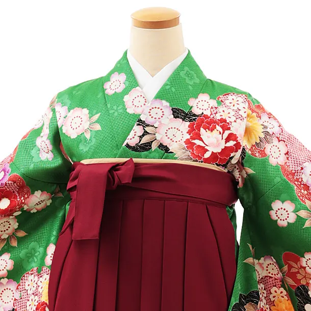 小学生卒業式略式袴(女の子) Z503 グリーン花づくし×エンジ桜