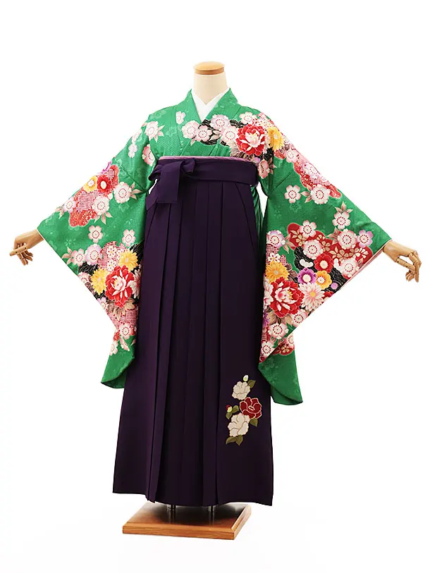 小学生卒業式略式袴(女の子) Z504 グリーン花づくし×紫椿