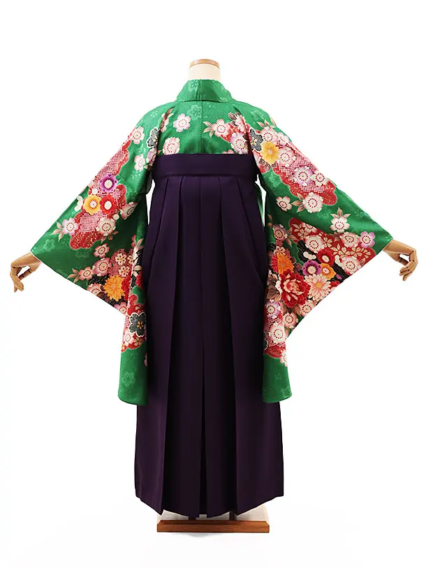 小学生卒業式略式袴(女の子) Z504 グリーン花づくし×紫椿