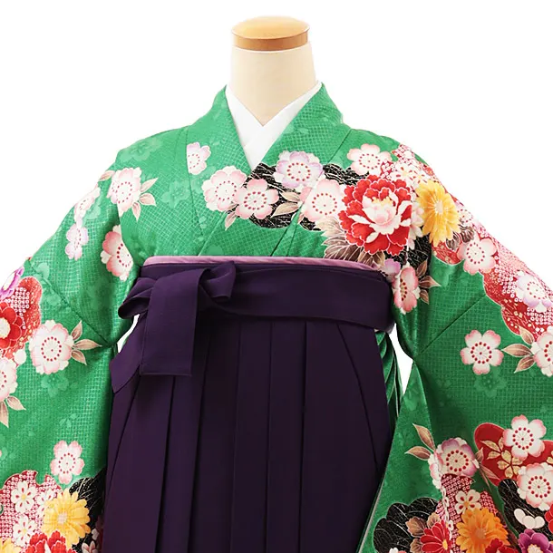 小学生卒業式略式袴(女の子) Z504 グリーン花づくし×紫椿