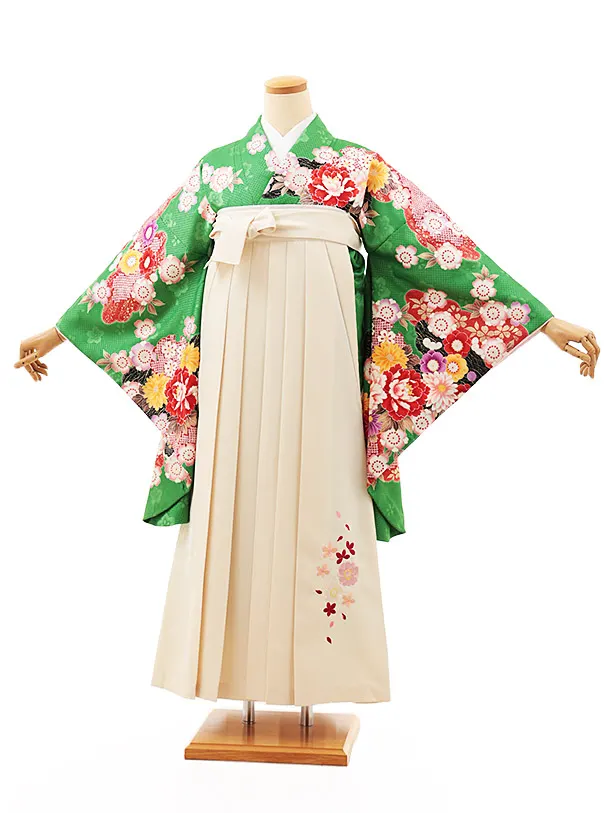 小学生卒業式略式袴(女の子) Z505 グリーン花づくし×クリーム桜