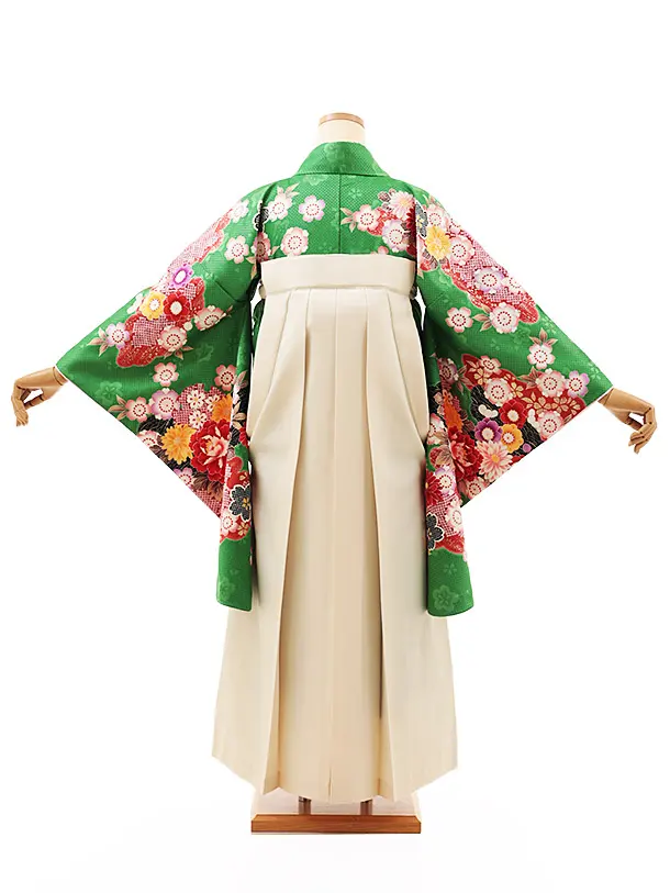 小学生卒業式略式袴(女の子) Z505 グリーン花づくし×クリーム桜