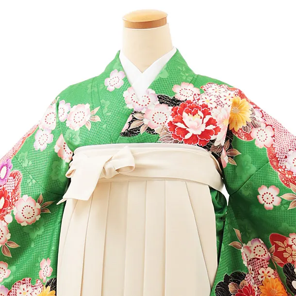 小学生卒業式略式袴(女の子) Z505 グリーン花づくし×クリーム桜
