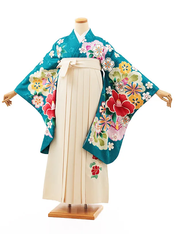小学生卒業式略式袴(女の子) Z506 ターコイズ桜椿×クリーム椿