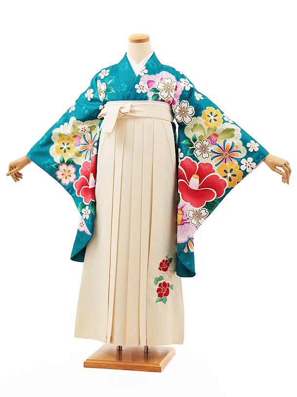 小学生卒業式かんたん袴(女の子) Z506 ターコイズ桜椿×クリーム椿
