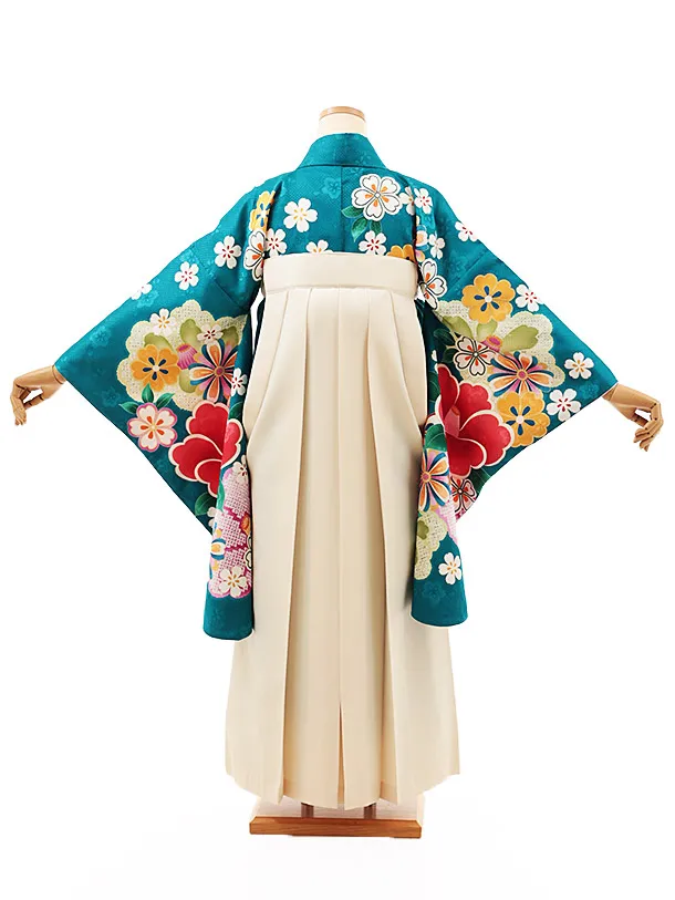 小学生卒業式かんたん袴(女の子) Z506 ターコイズ桜椿×クリーム椿