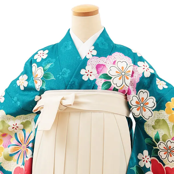 小学生卒業式かんたん袴(女の子) Z506 ターコイズ桜椿×クリーム椿