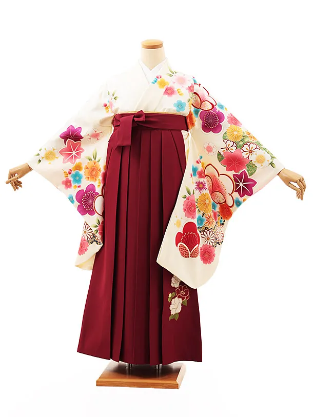小学生卒業式略式袴(女の子) Z507 クリーム梅菊桜×エンジ椿