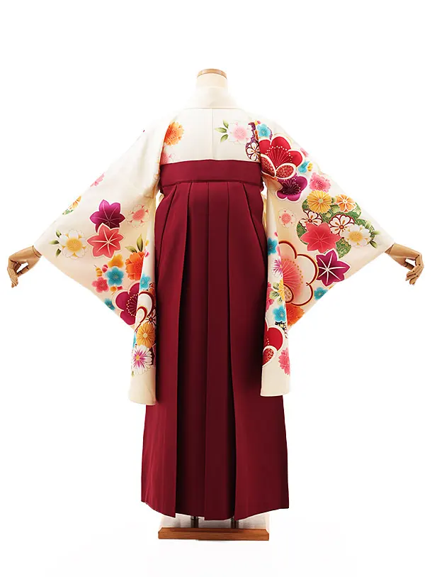 小学生卒業式略式袴(女の子) Z507 クリーム梅菊桜×エンジ椿