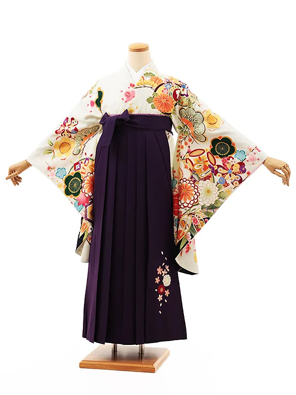小学生卒業式略式袴(女の子) Z508 薄ヒワ色 吉祥文様×紫桜