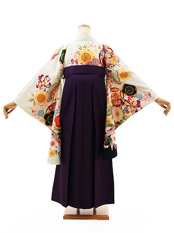 小学生卒業式略式袴(女の子) Z508 薄ヒワ色 吉祥文様×紫桜