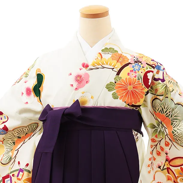 小学生卒業式略式袴(女の子) Z508 薄ヒワ色 吉祥文様×紫桜