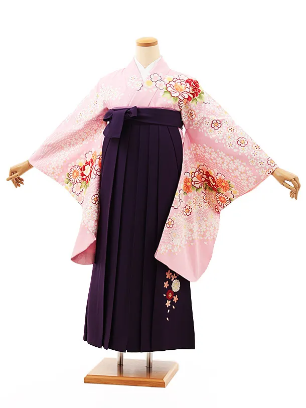 小学生卒業式略式袴(女の子) Z509 ピンク牡丹桜流し×紫桜