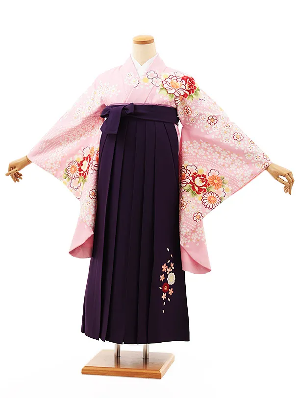 小学生卒業式略式袴(女の子) Z509 ピンク牡丹桜流し×紫桜