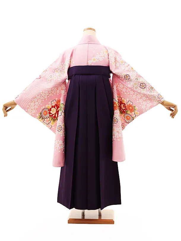 小学生卒業式略式袴(女の子) Z509 ピンク牡丹桜流し×紫桜
