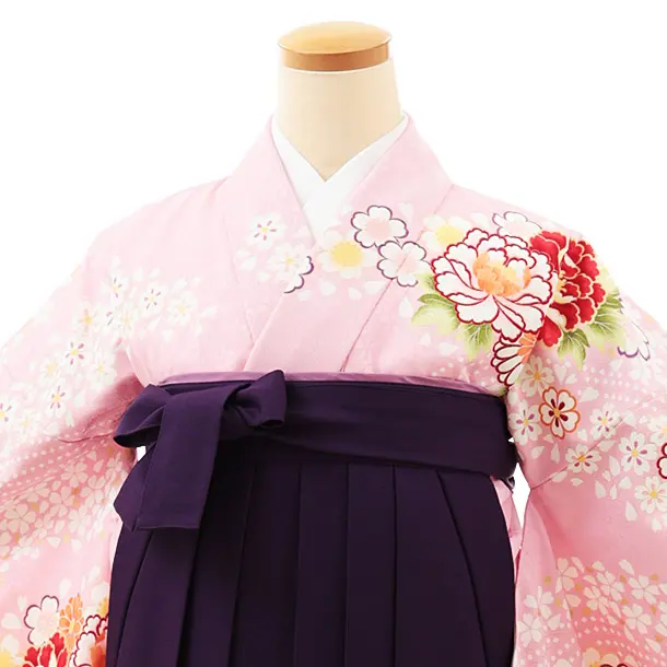 小学生卒業式略式袴(女の子) Z509 ピンク牡丹桜流し×紫桜
