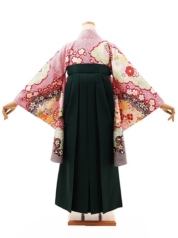小学生卒業式略式袴(女の子) Z510 赤地疋田柄 牡丹花×グリーン桜