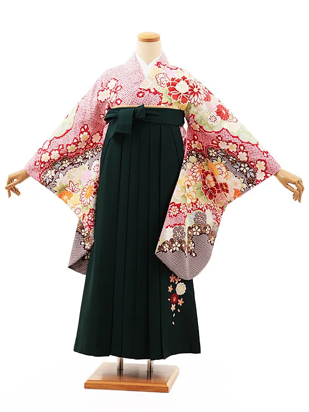 小学生卒業式略式袴(女の子) Z511 赤地疋田柄 牡丹花×グリーン桜