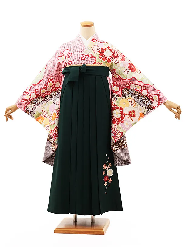 小学生卒業式略式袴(女の子) Z511 赤地疋田柄 牡丹花×グリーン桜