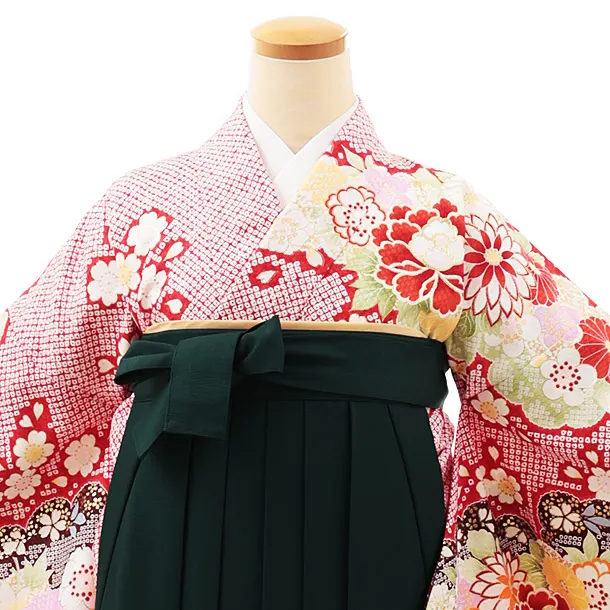 小学生卒業式略式袴(女の子) Z511 赤地疋田柄 牡丹花×グリーン桜