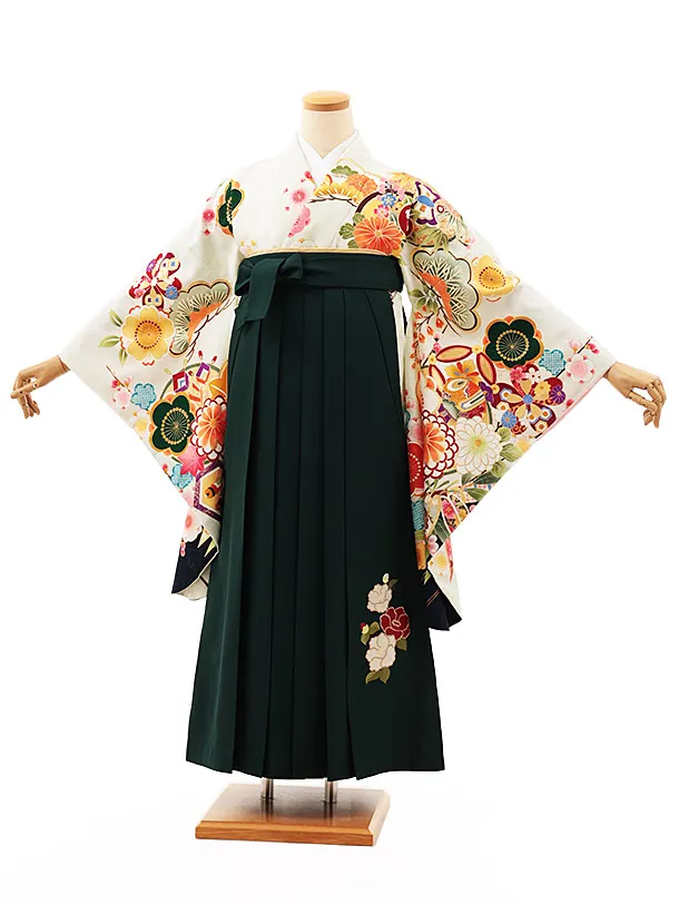小学生卒業式略式袴(女の子) Z514 薄ヒワ色 吉祥文様×グリーン椿