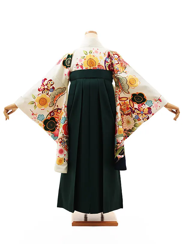 小学生卒業式略式袴(女の子) Z515 薄ヒワ色 吉祥文様×グリーン椿