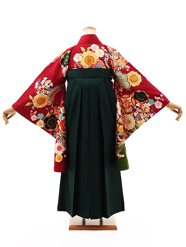 小学生卒業式略式袴(女の子) Z516 赤地 吉祥文様×グリーン椿