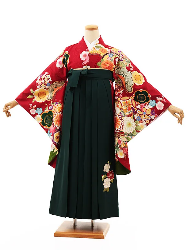小学生卒業式かんたん袴(女の子) Z517 赤地 吉祥文様×グリーン椿