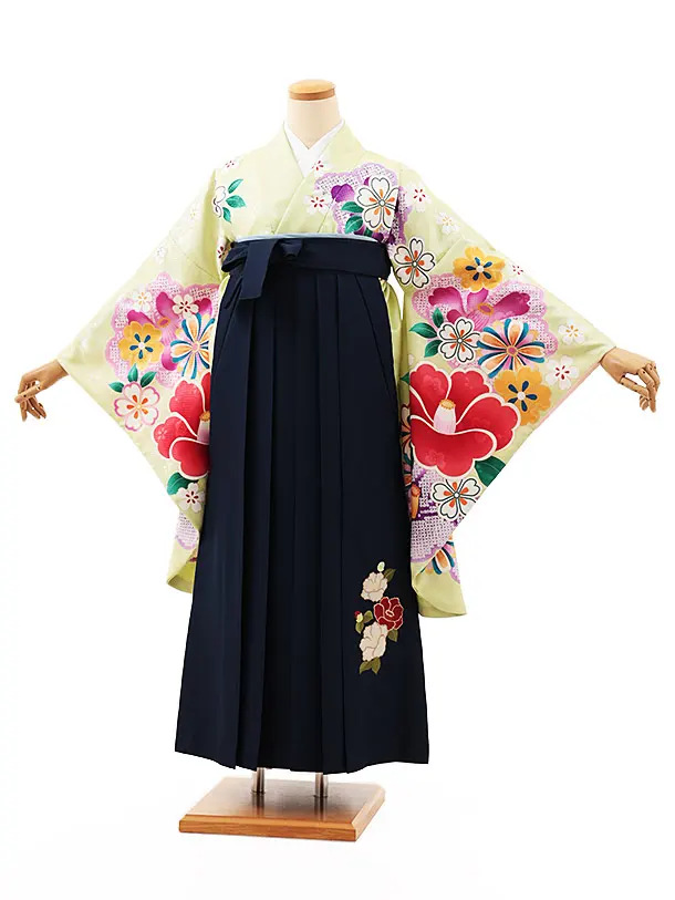 小学生卒業式かんたん袴(女の子) Z518 きみどり色 桜椿×紺椿