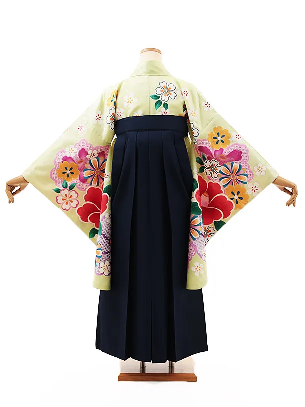 小学生卒業式かんたん袴(女の子) Z518 きみどり色 桜椿×紺椿