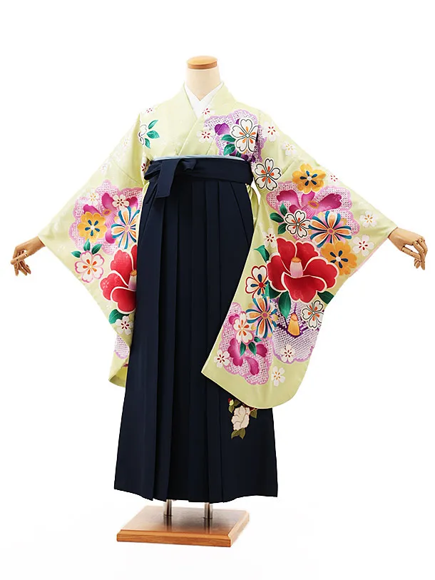 小学生卒業式略式袴(女の子) Z519 きみどり色 桜椿×紺椿
