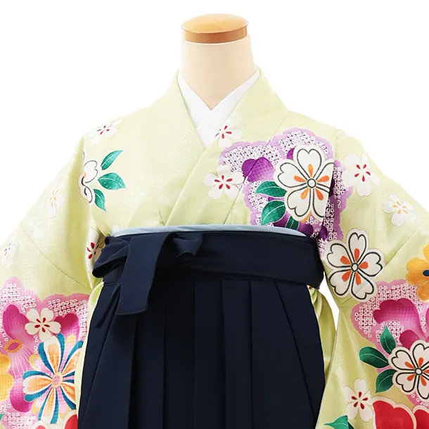 小学生卒業式かんたん袴(女の子) Z519 きみどり色 桜椿×紺椿