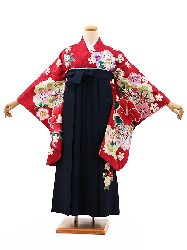 小学生卒業式略式袴(女の子) Z520 赤地 桜椿×紺椿