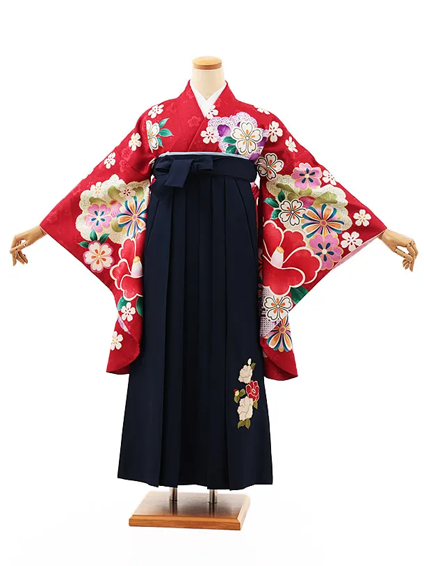 小学生卒業式略式袴(女の子) Z520 赤地 桜椿×紺椿