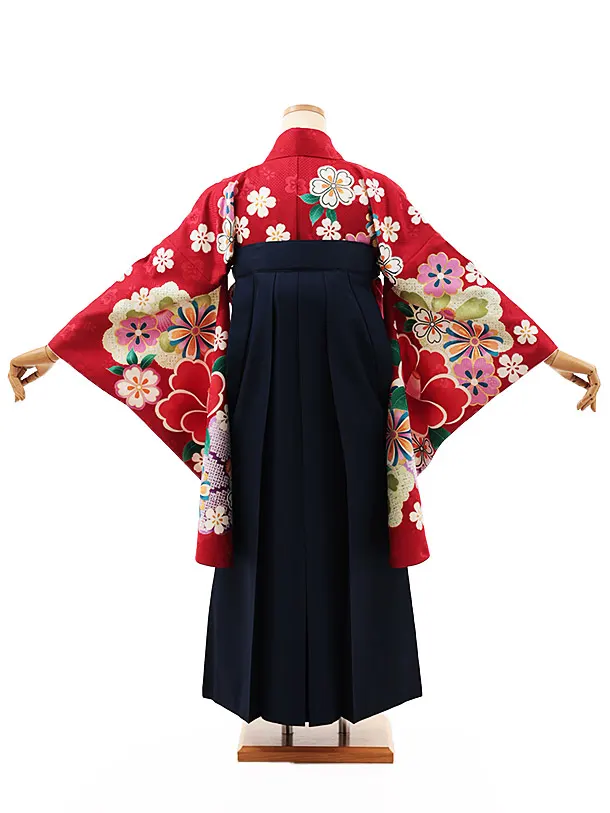 小学生卒業式略式袴(女の子) Z521 赤地 桜椿×紺椿