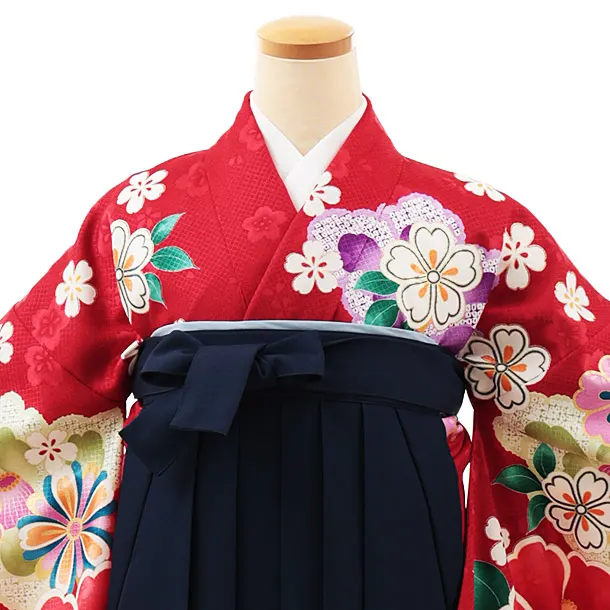 小学生卒業式略式袴(女の子) Z521 赤地 桜椿×紺椿