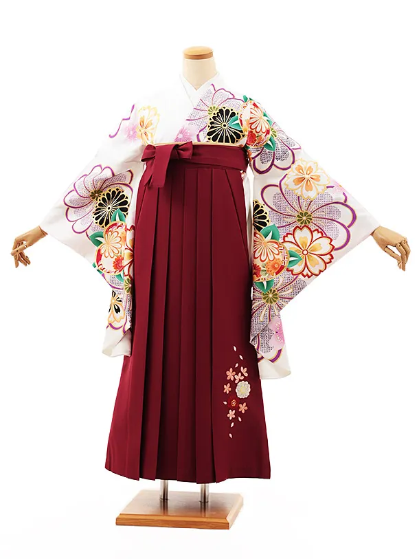 小学生卒業式かんたん袴(女の子) Z523 白地 桜菊橘×エンジ桜