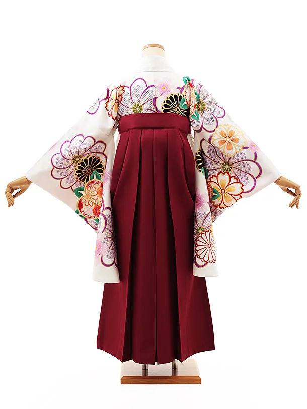 小学生卒業式かんたん袴(女の子) Z523 白地 桜菊橘×エンジ桜