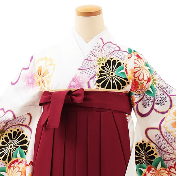小学生卒業式かんたん袴(女の子) Z523 白地 桜菊橘×エンジ桜