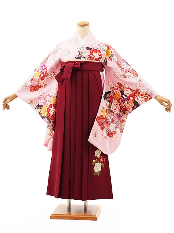 小学生卒業式略式袴(女の子) Z524 ピンク 花づくし×エンジ椿