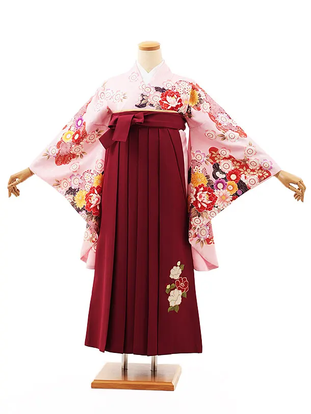 小学生卒業式略式袴(女の子) Z524 ピンク 花づくし×エンジ椿