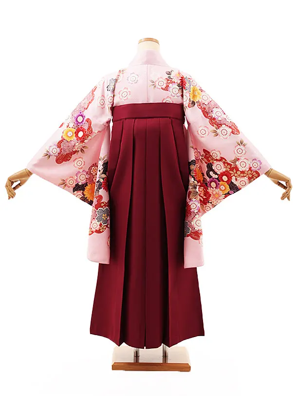 小学生卒業式略式袴(女の子) Z524 ピンク 花づくし×エンジ椿