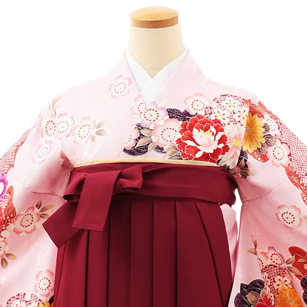 小学生卒業式略式袴(女の子) Z524 ピンク 花づくし×エンジ椿