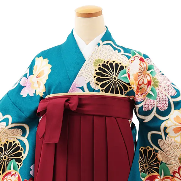 小学生卒業式略式袴(女の子) Z525 ターコイズ桜菊橘×エンジ椿