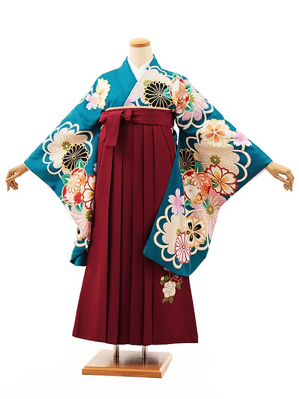 小学生卒業式略式袴(女の子) Z526 ターコイズ桜菊橘×エンジ椿