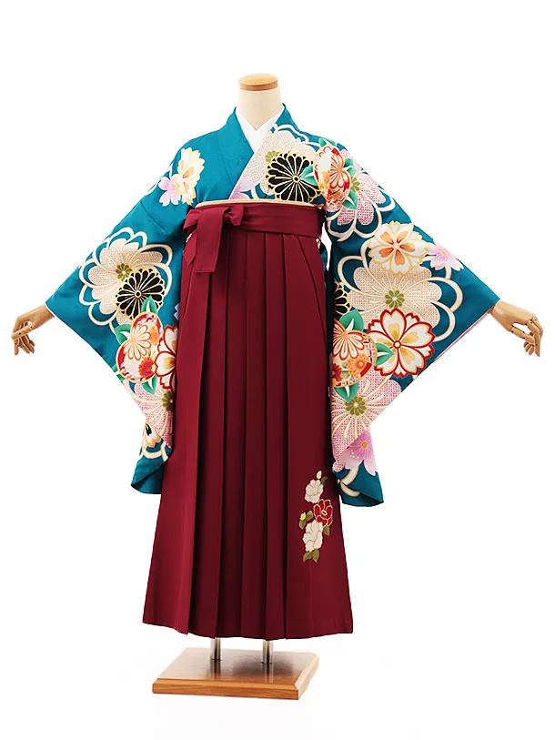 小学生卒業式略式袴(女の子) Z526 ターコイズ桜菊橘×エンジ椿