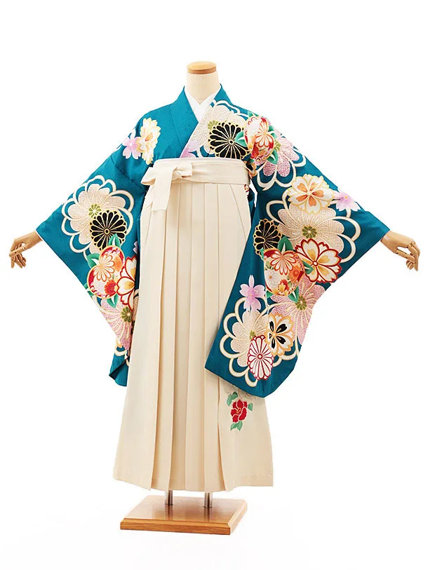 小学生卒業式略式袴(女の子) Z527 ターコイズ桜菊橘×クリーム椿