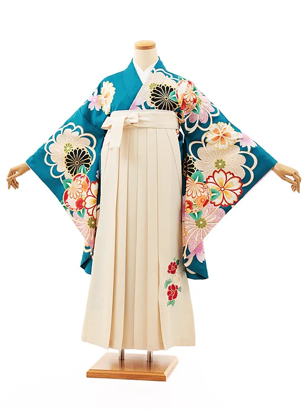 小学生卒業式略式袴(女の子) Z527 ターコイズ桜菊橘×クリーム椿