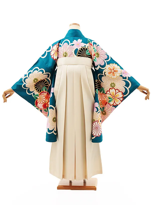 小学生卒業式略式袴(女の子) Z527 ターコイズ桜菊橘×クリーム椿